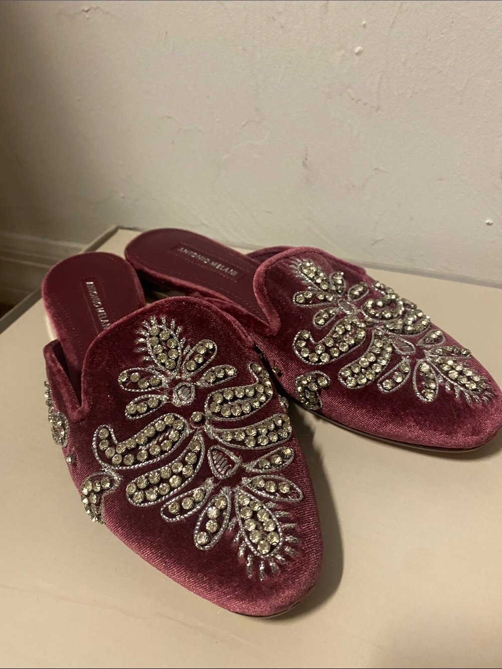 ANTONIO MELANI Burgundy Velvet Crystal-Embellished Slide Mules